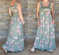 Dlouhé šaty SABRINA FLOWERS - bez rukávů - khaki