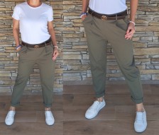 Elegantní kalhoty s páskem - khaki