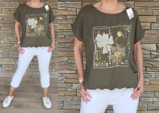 Halenka dole do gumy - vzor FLOWERS - khaki