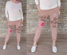 Riflové kalhoty s kytkou - pudr růžové