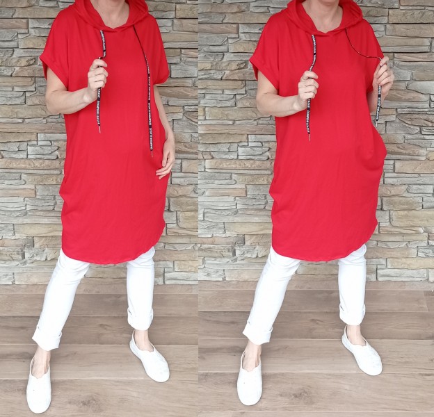 Tunikové šaty s kapucí LINDA - červené